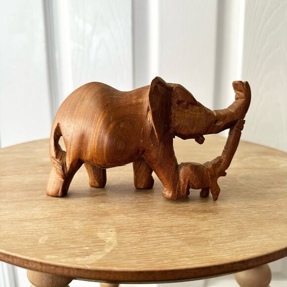 Hand Carved Kenya Made Mother Baby Elephant Duo Walking Trunk Up Solid Wood - Picture 1 of 7